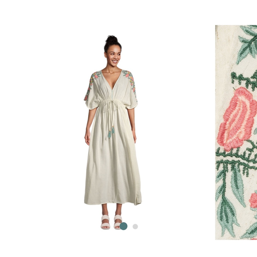 Mira Ivory Speckled Floral Embroidered Kaftan Dress L/XL
